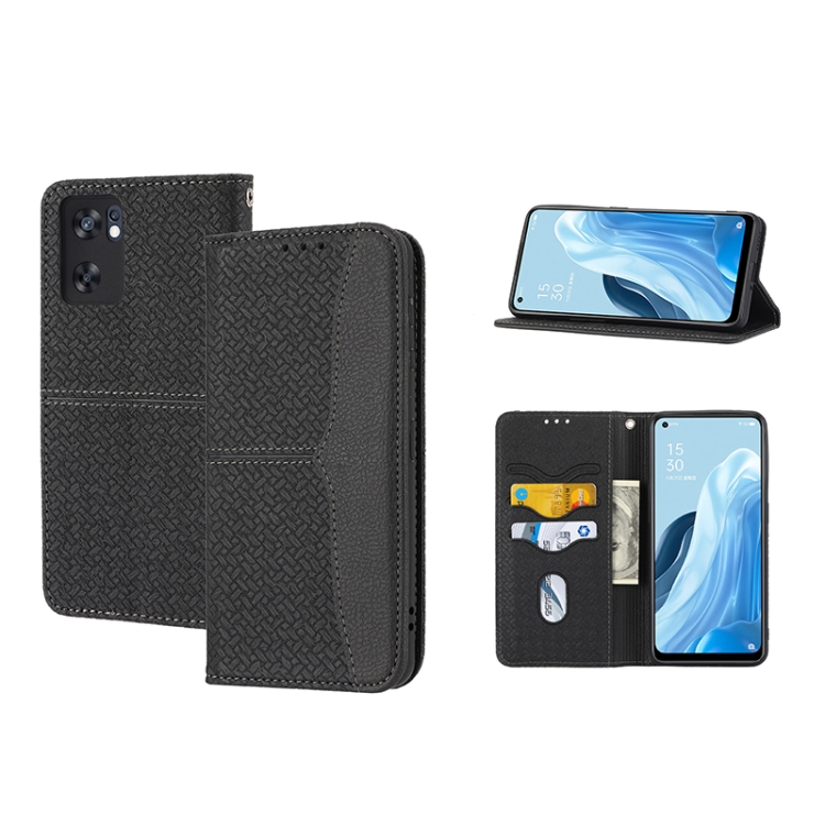 

For OPPO Reno7 SE 5G Woven Texture Stitching Magnetic PU Leather Phone Case(Black)