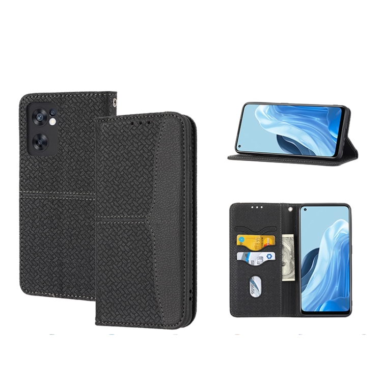 

For OPPO Reno7 5G Woven Texture Stitching Magnetic PU Leather Phone Case(Black)