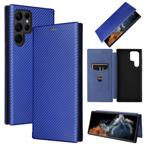 

For Samsung Galaxy S22 Ultra 5G Carbon Fiber Texture Horizontal Flip Leather Phone Case(Blue)