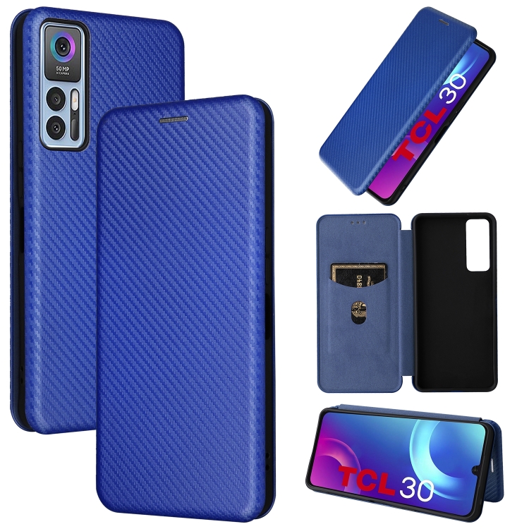 

For TCL 30 5G / 30+ Carbon Fiber Texture Horizontal Flip Leather Phone Case(Blue)
