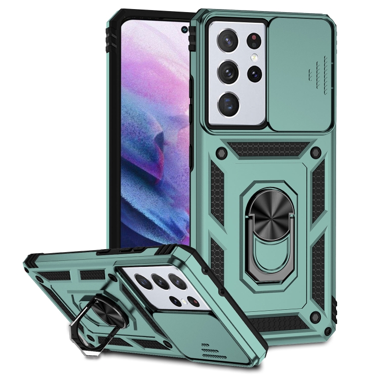 

For Samsung Galaxy S21 Ultra 5G Sliding Camshield Holder Phone Case(Dark Green)