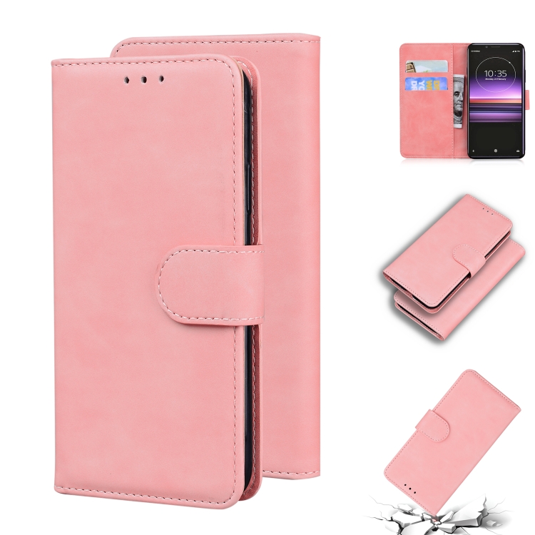 

For Sony Xperia 1 Skin Feel Pure Color Flip Leather Phone Case(Pink)