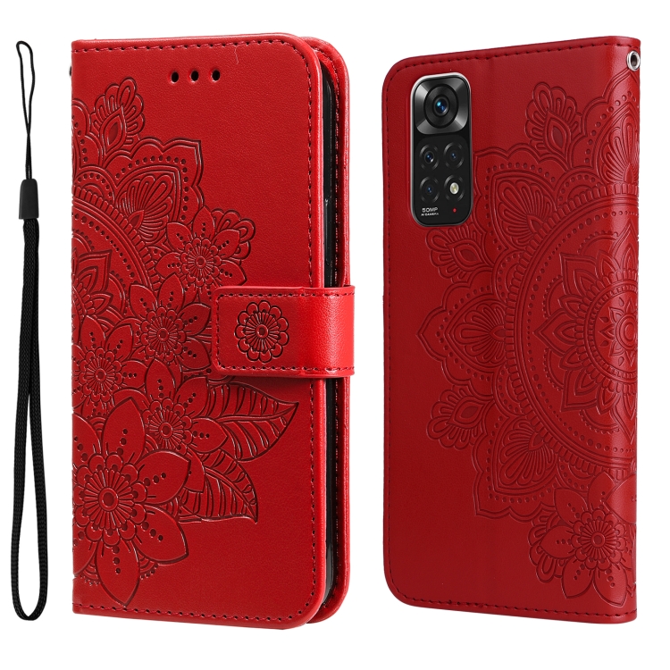 

For Xiaomi Redmi Note 11 4G(Global)/Redmi Note 11s 4G(Global) 7-petal Flowers Embossing Pattern Horizontal Flip Leather Case(Red)
