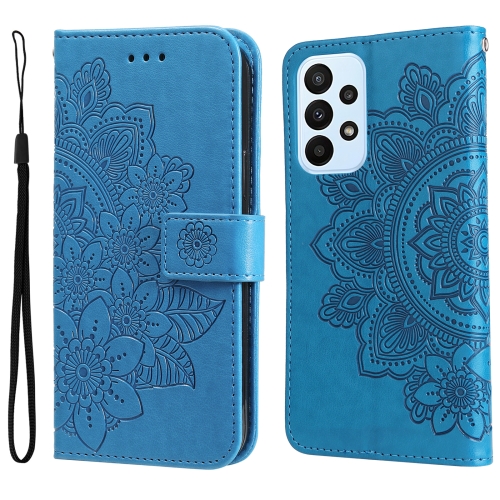 

For Samsung Galaxy A23 /Galaxy M23/Galaxy F23 7-petal Flowers Embossing Pattern Horizontal Flip Leather Case(Blue)