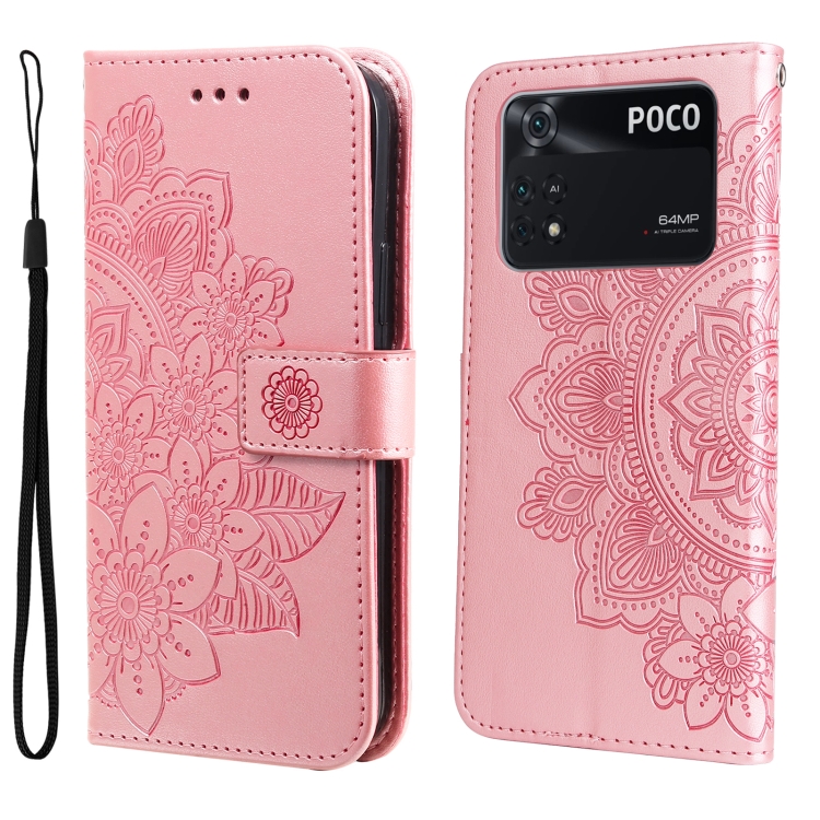 

For Xiaomi Poco M4 Pro 4G 7-petal Flowers Embossing Pattern Horizontal Flip Leather Case(Rose Gold)