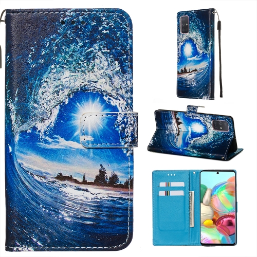 

For Galaxy A71 Colored Drawing Pattern Plain Weave Horizontal Flip Leather Case with Holder & Card Slot & Wallet&Lanyard(Waves and Sun)