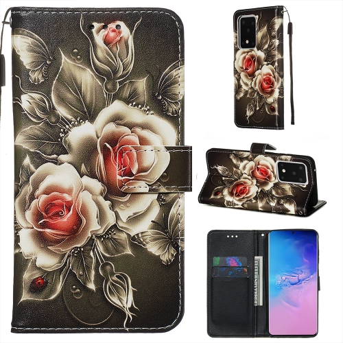 

For Galaxy S20 Ultra Colored Drawing Pattern Plain Weave Horizontal Flip Leather Case with Holder & Card Slot & Wallet&Lanyard(Rose on Black)