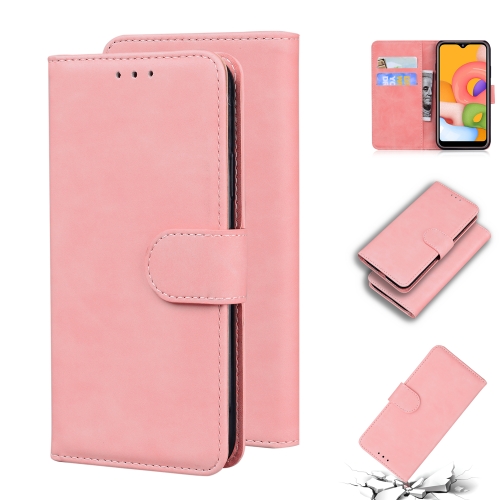 

For Samsung Galaxy A01 Skin Feel Pure Color Flip Leather Phone Case(Pink)