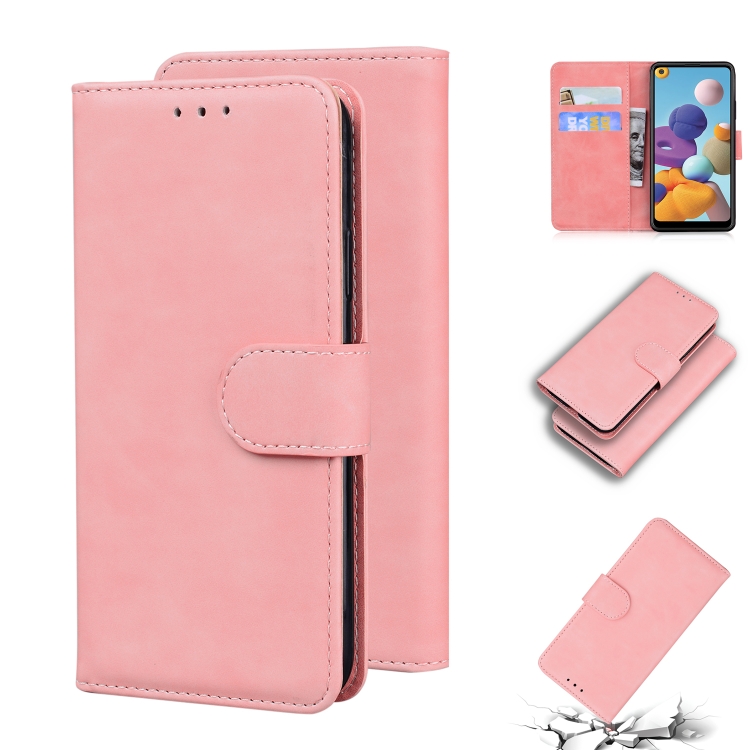 

For Samsung Galaxy A21 Skin Feel Pure Color Flip Leather Phone Case(Pink)