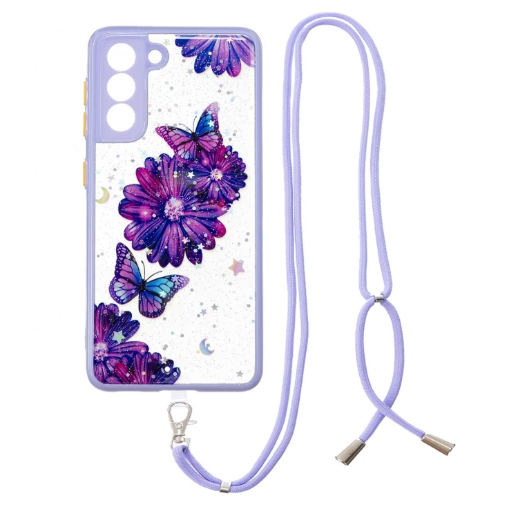

For Samsung Galaxy S22 5G Starry Sky Epoxy TPU Phone Case with Neck Lanyard(Purple Butterfly)