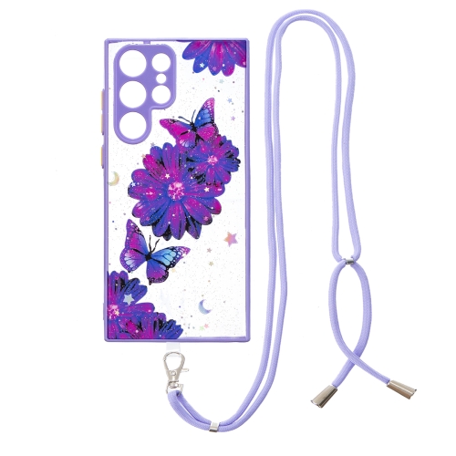 

For Samsung Galaxy S22 Ultra 5G Starry Sky Epoxy TPU Phone Case with Neck Lanyard(Purple Butterfly)