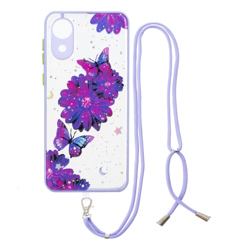 

For Samsung Galaxy A03 Core Starry Sky Epoxy TPU Phone Case with Neck Lanyard(Purple Butterfly)