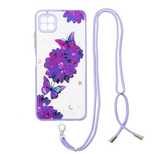 

For Samsung Galaxy A22 5G Starry Sky Epoxy TPU Phone Case with Neck Lanyard(Purple Butterfly)