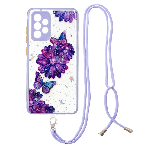 

For Samsung Galaxy A73 5G Starry Sky Epoxy TPU Phone Case with Neck Lanyard(Purple Butterfly)