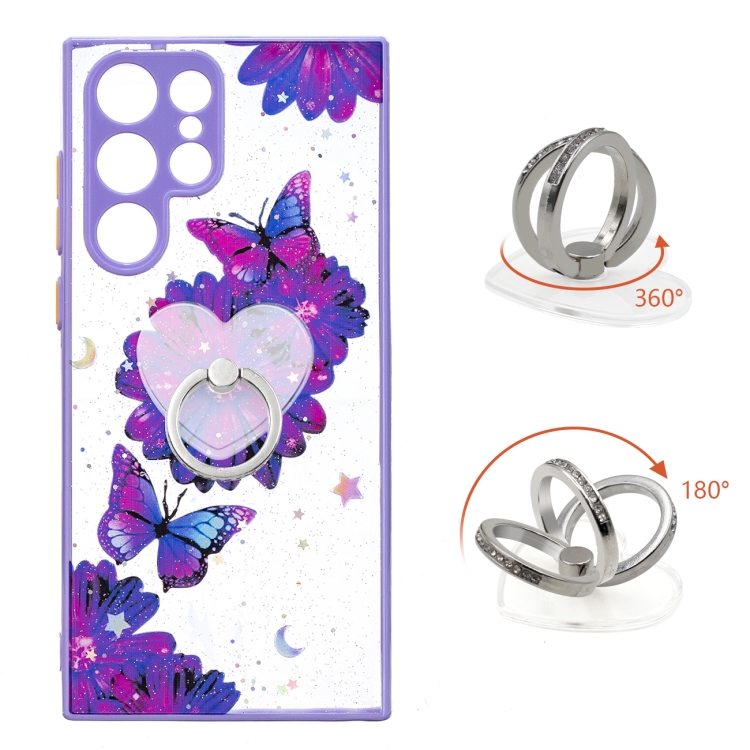 

For Samsung Galaxy S22 Ultra 5G Starry Sky Epoxy TPU Phone Case with Ring Holder(Purple Butterfly)