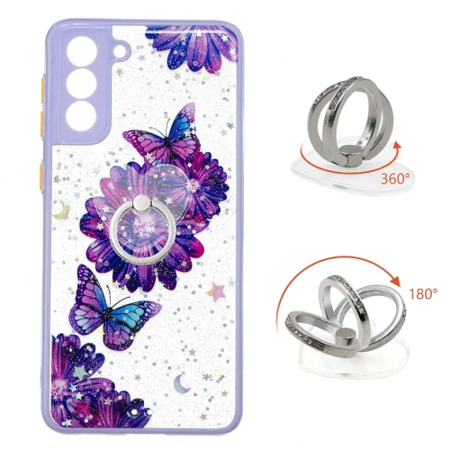 

For Samsung Galaxy S21 FE 5G Starry Sky Epoxy TPU Phone Case with Ring Holder(Purple Butterfly)