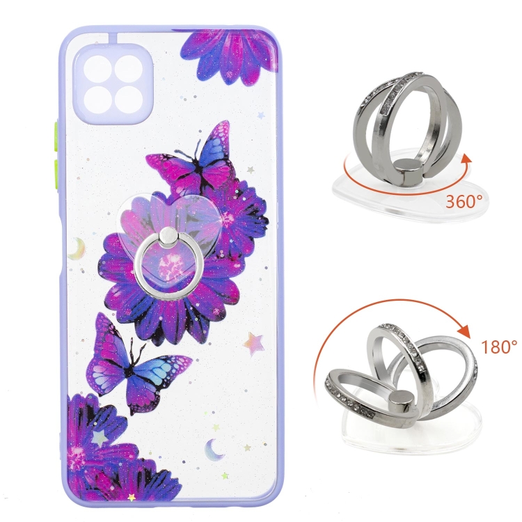 

For Samsung Galaxy A22 5G Starry Sky Epoxy TPU Phone Case with Ring Holder(Purple Butterfly)