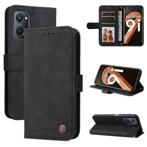 

For OPPO Realme 9i / A36 4G / A76 4G(Global) Skin Feel Life Tree Metal Button Horizontal Flip Leather Case(Black)