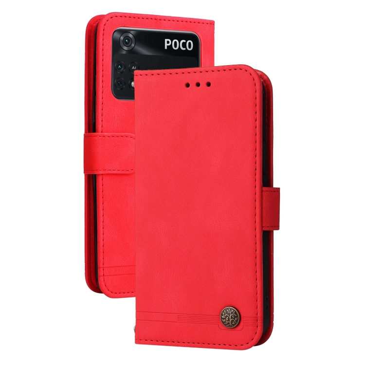 

For Xiaomi Poco M4 Pro 4G Skin Feel Life Tree Metal Button Horizontal Flip Leather Case(Red)