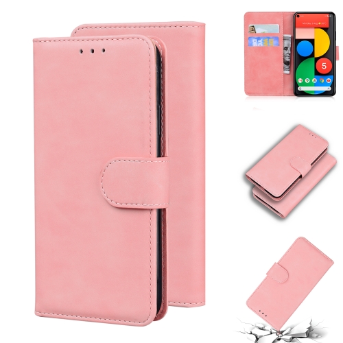 

For Google Pixel 5 Skin Feel Pure Color Flip Leather Phone Case(Pink)