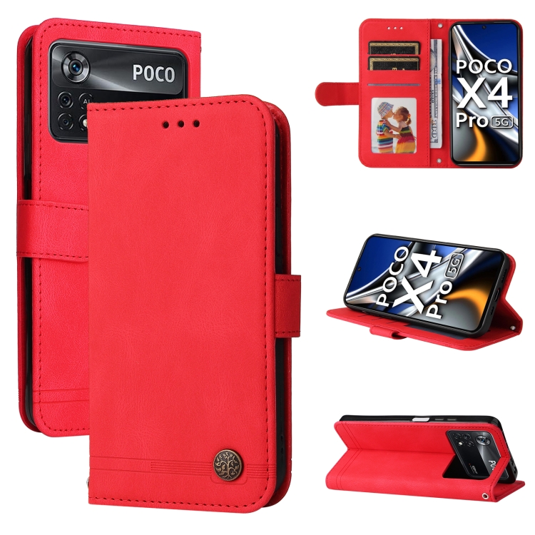

For Xiaomi Poco X4 Pro 5G Skin Feel Life Tree Metal Button Leather Phone Case(Red)