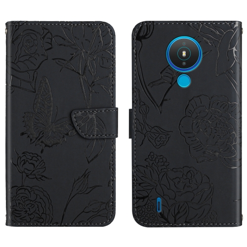 

For Nokia 1.4 Skin Feel Butterfly Peony Embossed Leather Phone Case(Black)