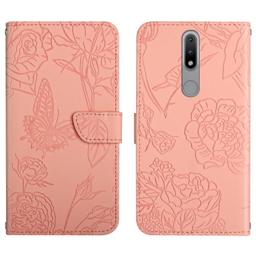 

For Nokia 2.4 Skin Feel Butterfly Peony Embossed Leather Phone Case(Pink)