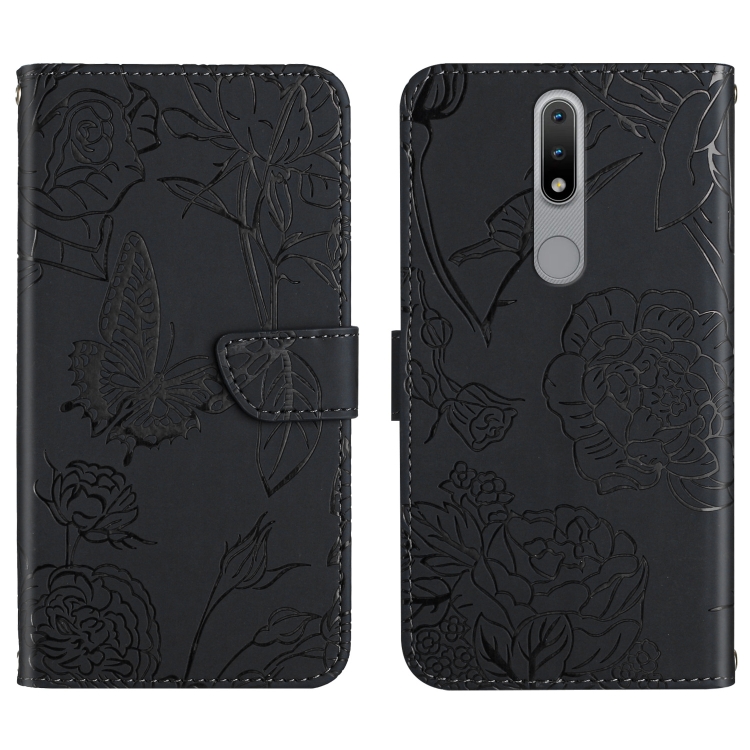 

For Nokia 2.4 Skin Feel Butterfly Peony Embossed Leather Phone Case(Black)