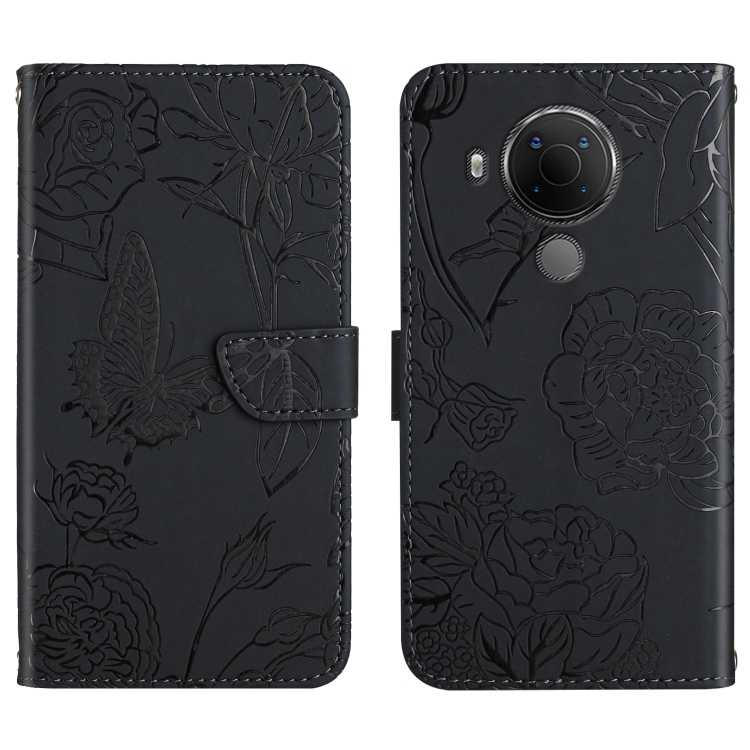 

For Nokia 5.4 Skin Feel Butterfly Peony Embossed Leather Phone Case(Black)