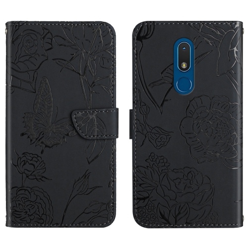 

For Nokia C03 2020 Skin Feel Butterfly Peony Embossed Leather Phone Case(Black)