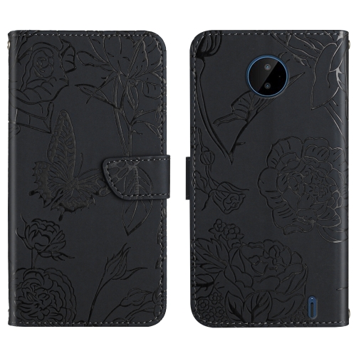 

For Nokia C10 / C20 Skin Feel Butterfly Peony Embossed Leather Phone Case(Black)