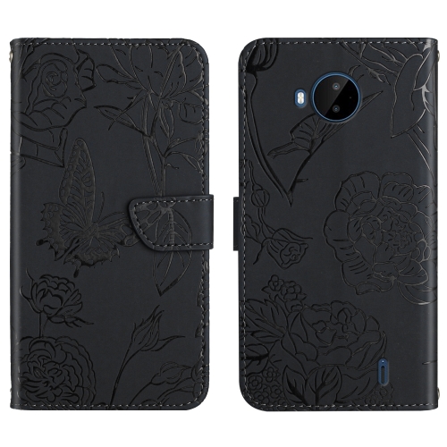 

For Nokia C20 Plus Skin Feel Butterfly Peony Embossed Leather Phone Case(Black)