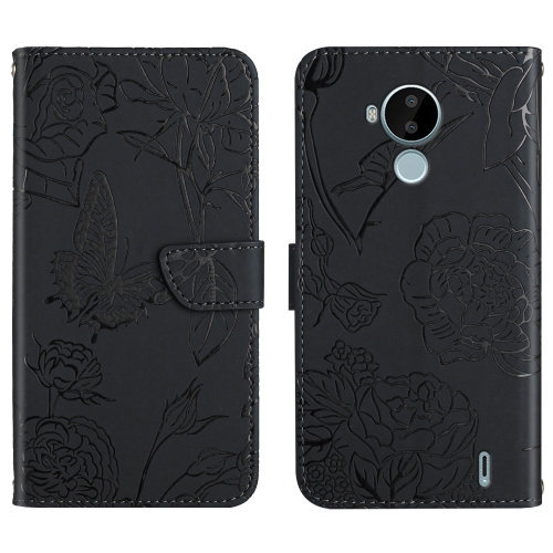 

For Nokia C30 Skin Feel Butterfly Peony Embossed Leather Phone Case(Black)