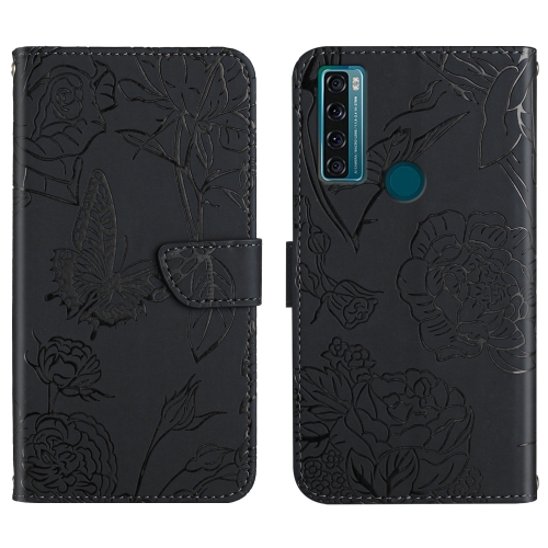 

For TCL 20 SE Skin Feel Butterfly Peony Embossed Leather Phone Case(Black)