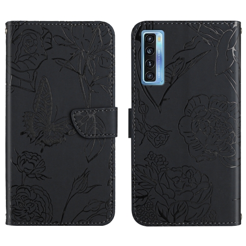 

For TCL 20S / 20 5G / 20L / 20L+ Skin Feel Butterfly Peony Embossed Leather Phone Case(Black)