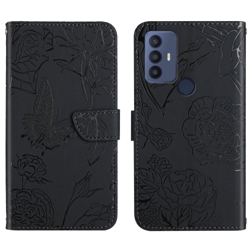 

For TCL 30 SE Skin Feel Butterfly Peony Embossed Leather Phone Case(Black)