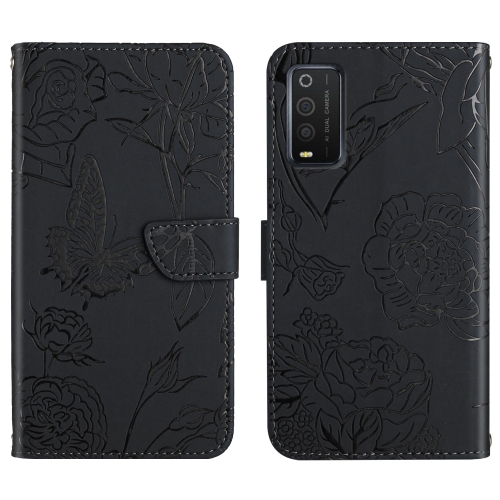 

For TCL 205 Skin Feel Butterfly Peony Embossed Leather Phone Case(Black)