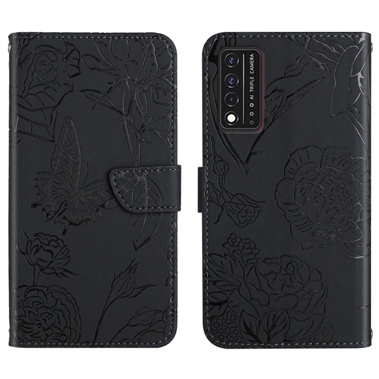 

For T-Mobile Revvl V+ 5G Skin Feel Butterfly Peony Embossed Leather Phone Case(Black)