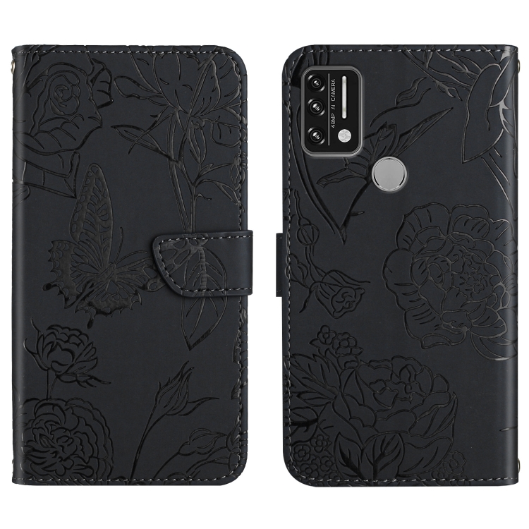 

For Umidigi A7 Skin Feel Butterfly Peony Embossed Leather Phone Case(Black)
