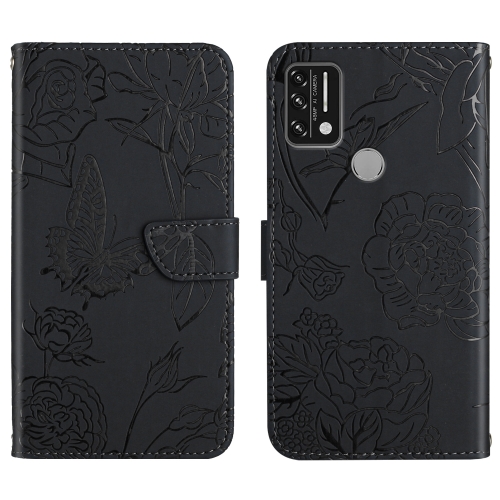 

For Umidigi A9 Skin Feel Butterfly Peony Embossed Leather Phone Case(Black)