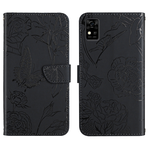 

For ZTE Blade A31 Skin Feel Butterfly Peony Embossed Leather Phone Case(Black)