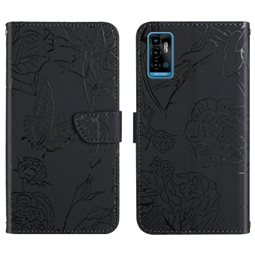 

For ZTE Blade A71 Skin Feel Butterfly Peony Embossed Leather Phone Case(Black)