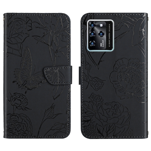 

For ZTE Blade V30 Skin Feel Butterfly Peony Embossed Leather Phone Case(Black)