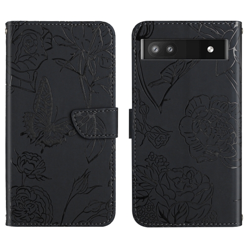 

For Google Pixel 6a Skin Feel Butterfly Peony Embossed Leather Phone Case(Black)