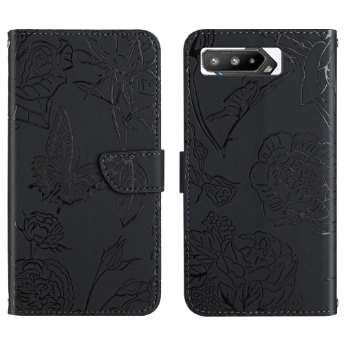 

For Asus ROG Phone 5 ZS673KS Skin Feel Butterfly Peony Embossed Leather Phone Case(Black)