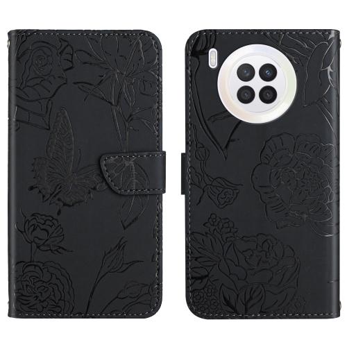 

For Huawei nova 8i Skin Feel Butterfly Peony Embossed Leather Phone Case(Black)