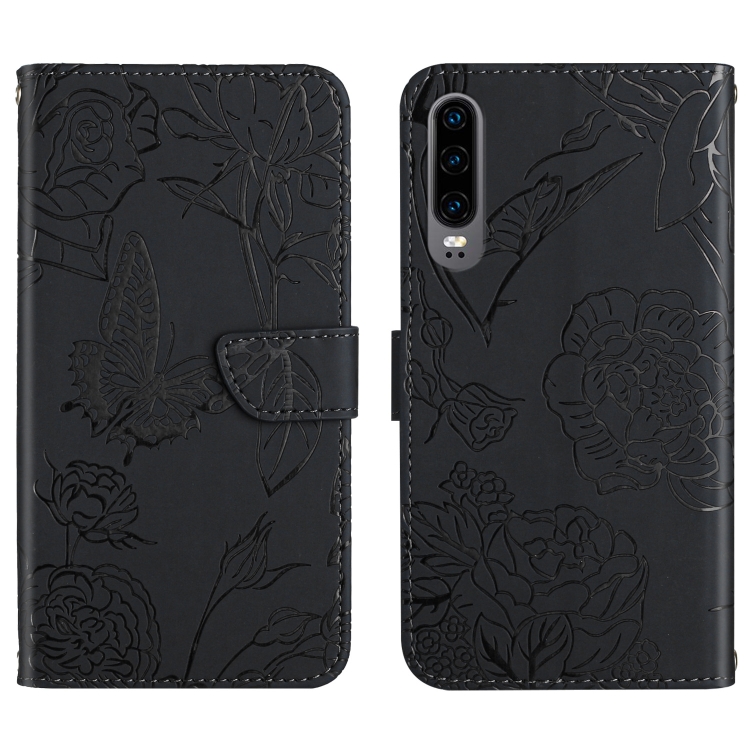 

For Huawei P30 Skin Feel Butterfly Peony Embossed Leather Phone Case(Black)