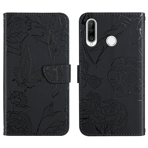 

For Huawei P30 Lite Skin Feel Butterfly Peony Embossed Leather Phone Case(Black)