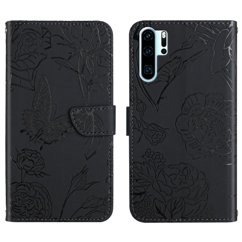 

For Huawei P30 Pro Skin Feel Butterfly Peony Embossed Leather Phone Case(Black)