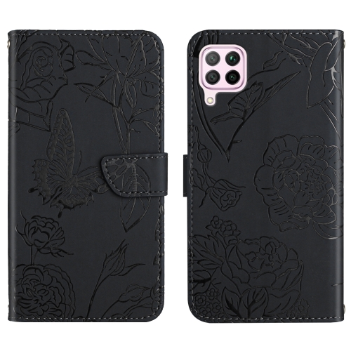 

For Huawei P40 Lite Skin Feel Butterfly Peony Embossed Leather Phone Case(Black)